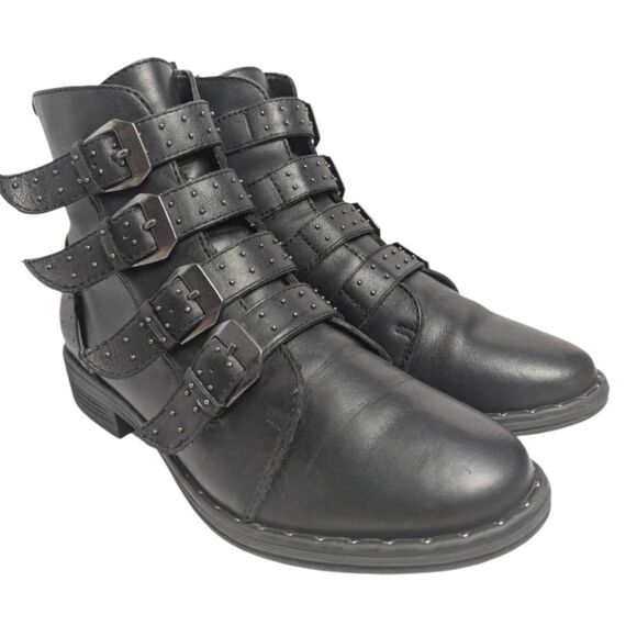 Steve Madden Pursue Black studded Leather Buckle Strap Moto Boots Womens 8.5 - Picture 1 of 8